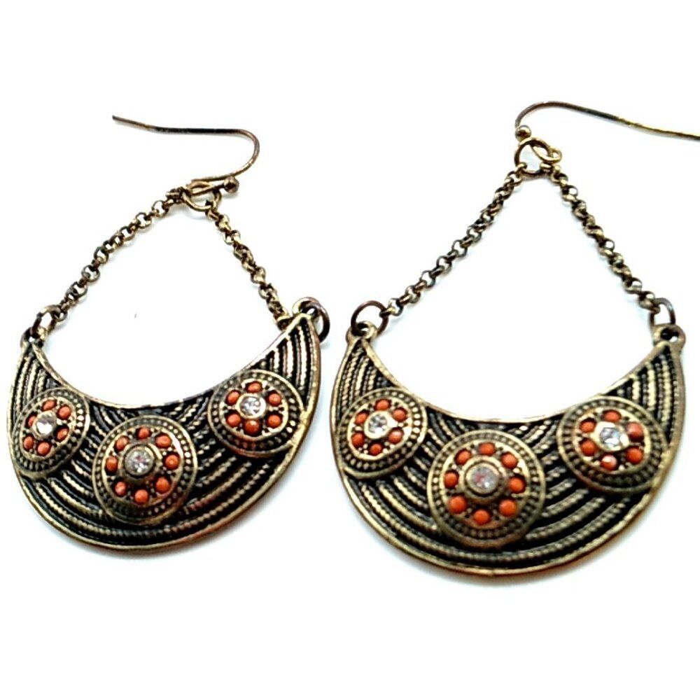 Embossed Brass Crescent Shaped Dangle Earrings Rhinestone & Coral Beads